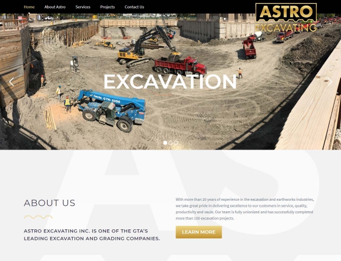 The Astro Excavating website home page