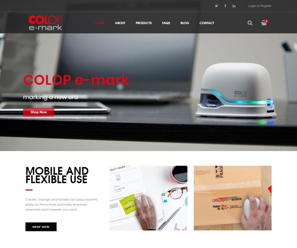 Home page showing COLOP e-mark product in action