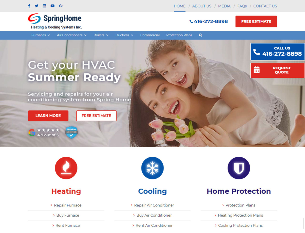 Home page of the SpringHome hvac company website design