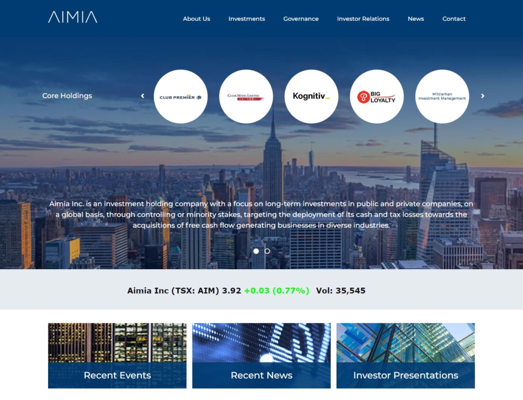 Home page of the AIMIA web design
