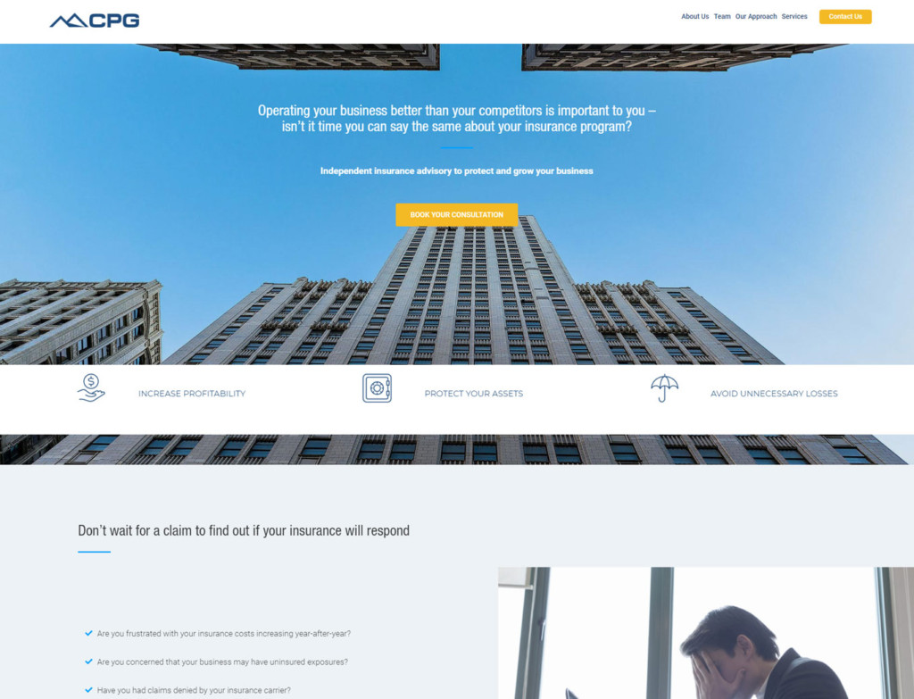 Landing page of CPG Insurance web design